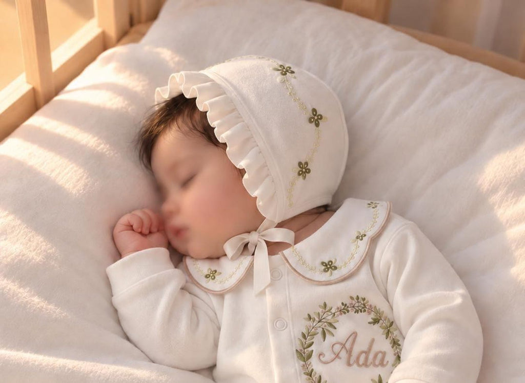 Zartlicht® Personalisierte Baby-Mütze im Vintage-Stil aus Baumwoll-Satin – Klassische Taufmütze & Erstlingshaube mit Klöppelspitze