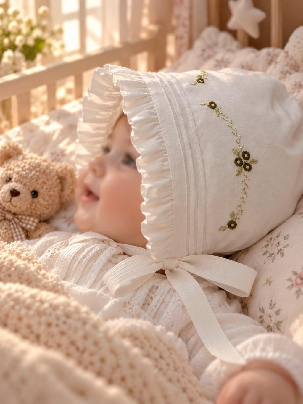 Zartlicht® Personalisierte Baby-Mütze im Vintage-Stil aus Baumwoll-Satin – Klassische Taufmütze & Erstlingshaube mit Klöppelspitze